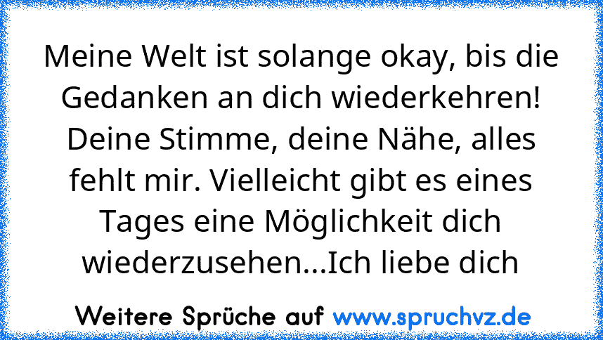 Meine Welt ist solange okay, bis die Gedanken an dich wiederkehren! Deine Stimme, deine Nähe, alles fehlt mir. Vielleicht gibt es eines Tages eine Möglichkeit dich wiederzusehen...Ich liebe dich