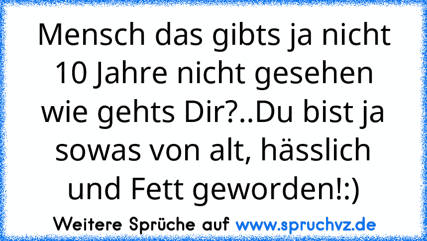 Mensch das gibts ja nicht 10 Jahre nicht gesehen wie gehts Dir?..Du bist ja sowas von alt, hässlich und Fett geworden!:)