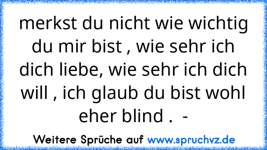 merkst du nicht wie wichtig du mir bist , wie sehr ich dich liebe, wie sehr ich dich will , ich glaub du bist wohl eher blind .  -