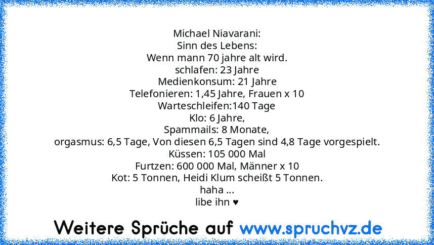 Michael Niavarani:
Sinn des Lebens:
Wenn mann 70 jahre alt wird.
schlafen: 23 Jahre
Medienkonsum: 21 Jahre
Telefonieren: 1,45 Jahre, Frauen x 10
Warteschleifen:140 Tage
Klo: 6 Jahre,
Spammails: 8 Monate,
orgasmus: 6,5 Tage, Von diesen 6,5 Tagen sind 4,8 Tage vorgespielt.
Küssen: 105 000 Mal
Furtzen: 600 000 Mal, Männer x 10
Kot: 5 Tonnen, Heidi Klum scheißt 5 Tonnen.
haha ...
libe ihn ♥