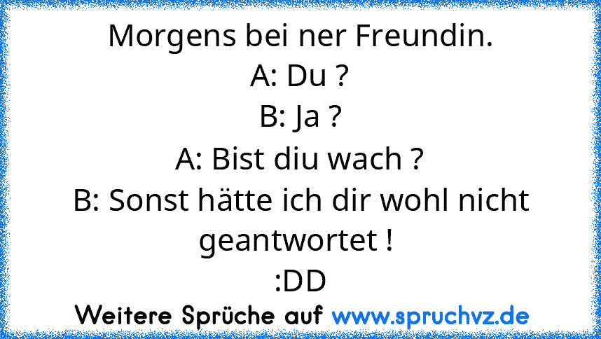 Morgens bei ner Freundin.
A: Du ?
B: Ja ?
A: Bist diu wach ?
B: Sonst hätte ich dir wohl nicht geantwortet ! 
:DD