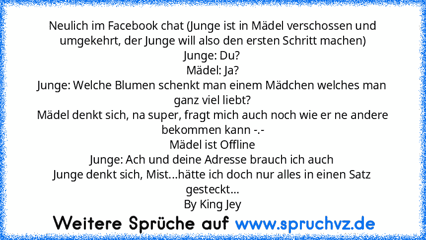 Neulich im Facebook chat (Junge ist in Mädel verschossen und umgekehrt, der Junge will also den ersten Schritt machen)
Junge: Du?
Mädel: Ja?
Junge: Welche Blumen schenkt man einem Mädchen welches man ganz viel liebt?
Mädel denkt sich, na super, fragt mich auch noch wie er ne andere bekommen kann -.-
Mädel ist Offline
Junge: Ach und deine Adresse brauch ich auch
Junge denkt sich, Mist...hätte ic...