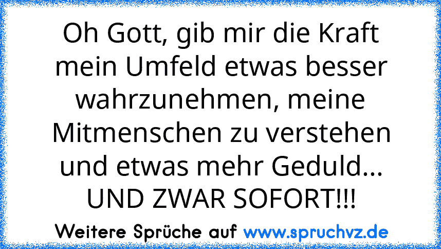 Oh Gott, gib mir die Kraft mein Umfeld etwas besser wahrzunehmen, meine Mitmenschen zu verstehen und etwas mehr Geduld... UND ZWAR SOFORT!!!