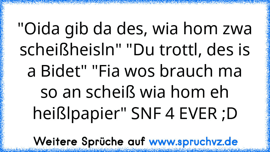 "Oida gib da des, wia hom zwa scheißheisln" "Du trottl, des is a Bidet" "Fia wos brauch ma so an scheiß wia hom eh heißlpapier" SNF 4 EVER ;D