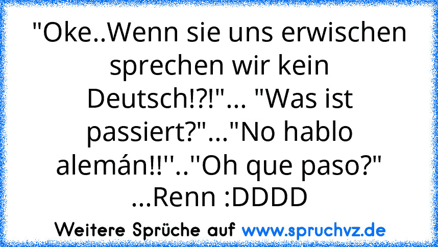 "Oke..Wenn sie uns erwischen sprechen wir kein Deutsch!?!"... "Was ist passiert?"..."No hablo alemán!!''..''Oh que paso?" ...Renn :DDDD