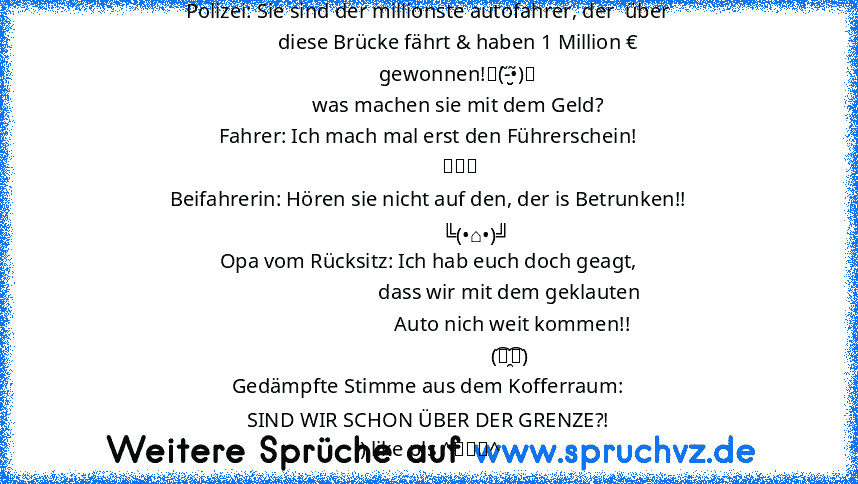 Polizei: Sie sind der millionste autofahrer, der  über
            diese Brücke fährt & haben 1 Million €
            gewonnen!٩(-̮̮̃•̃)۶
            was machen sie mit dem Geld?
Fahrer: Ich mach mal erst den Führerschein!
             ⊙▃⊙
Beifahrerin: Hören sie nicht auf den, der is Betrunken!!
                   ╚(•⌂•)╝
Opa vom Rücksitz: Ich hab euch doch geagt,
                                d...