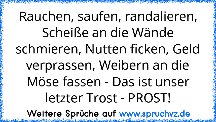 Rauchen, saufen, randalieren, Scheiße an die Wände schmieren, Nutten ficken, Geld verprassen, Weibern an die Möse fassen - Das ist unser letzter Trost - PROST!