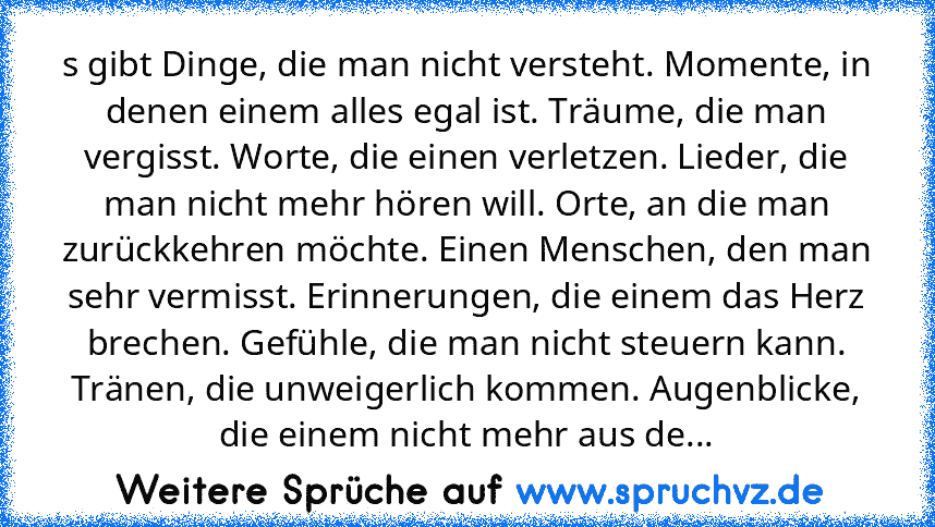 s gibt Dinge, die man nicht versteht. Momente, in denen einem alles egal ist. Träume, die man vergisst. Worte, die einen verletzen. Lieder, die man nicht mehr hören will. Orte, an die man zurückkehren möchte. Einen Menschen, den man sehr vermisst. Erinnerungen, die einem das Herz brechen. Gefühle, die man nicht steuern kann. Tränen, die unweigerlich kommen. Augenblicke, die einem nicht mehr aus...