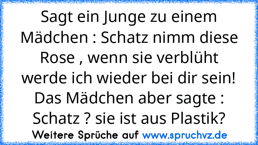 Sagt ein Junge zu einem Mädchen : Schatz nimm diese Rose , wenn sie verblüht werde ich wieder bei dir sein!
Das Mädchen aber sagte : Schatz ? sie ist aus Plastik?