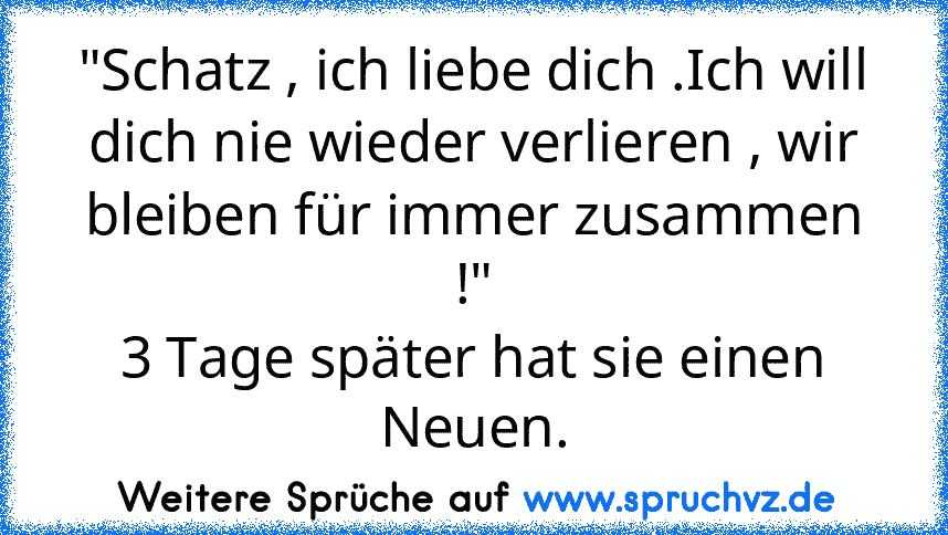 "Schatz , ich liebe dich .Ich will dich nie wieder verlieren , wir bleiben für immer zusammen !"
3 Tage später hat sie einen Neuen.