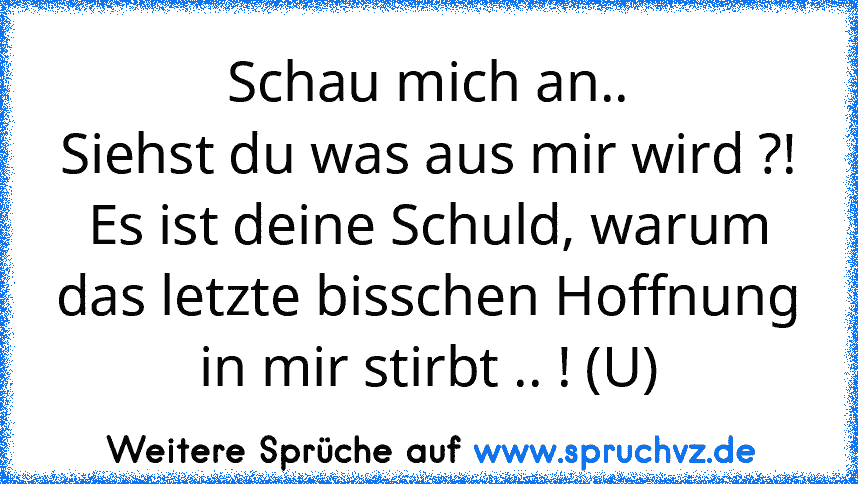 Schau mich an..
Siehst du was aus mir wird ?!
Es ist deine Schuld, warum das letzte bisschen Hoffnung in mir stirbt .. ! (U)