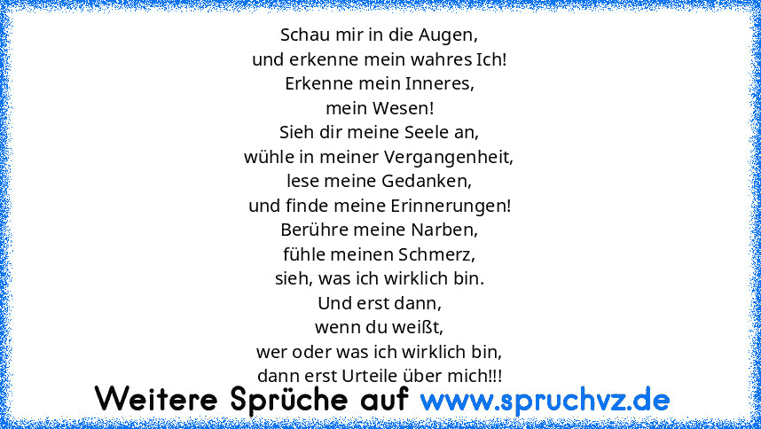 Schau mir in die Augen,
und erkenne mein wahres Ich!
Erkenne mein Inneres,
mein Wesen!
Sieh dir meine Seele an,
wühle in meiner Vergangenheit,
lese meine Gedanken,
und finde meine Erinnerungen!
Berühre meine Narben,
fühle meinen Schmerz,
sieh, was ich wirklich bin.
Und erst dann,
wenn du weißt,
wer oder was ich wirklich bin,
dann erst Urteile über mich!!!