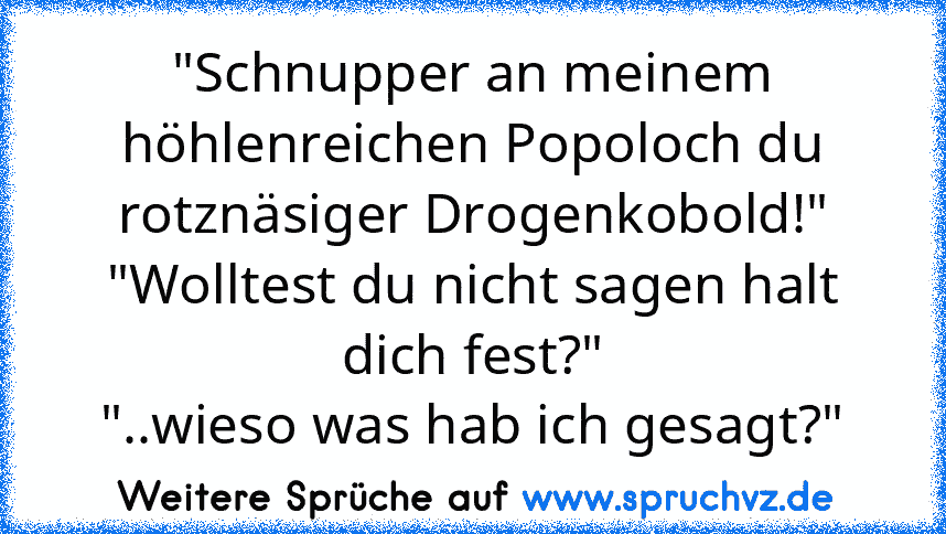 "Schnupper an meinem höhlenreichen Popoloch du rotznäsiger Drogenkobold!"
"Wolltest du nicht sagen halt dich fest?"
"..wieso was hab ich gesagt?"