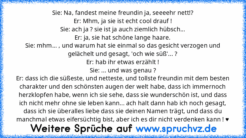 Sie: Na, fandest meine freundin ja, seeeehr nett!?
Er: Mhm, ja sie ist echt cool drauf !
Sie: ach ja ? sie ist ja auch ziemlich hübsch...
Er: ja, sie hat schöne lange haare.
Sie: mhm... , und warum hat sie einmal so das gesicht verzogen und gelächelt und gesagt, 'och wie süß'... ?
Er: hab ihr etwas erzählt !
Sie: ... und was genau ?
Er: dass ich die süßeste, und netteste, und tollste freundin m...