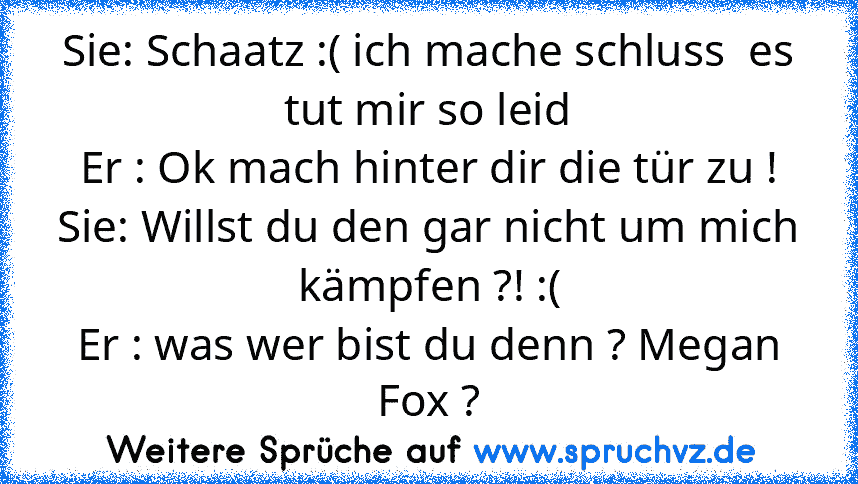 Sie: Schaatz :( ich mache schluss  es tut mir so leid
Er : Ok mach hinter dir die tür zu !
Sie: Willst du den gar nicht um mich kämpfen ?! :(
Er : was wer bist du denn ? Megan Fox ?