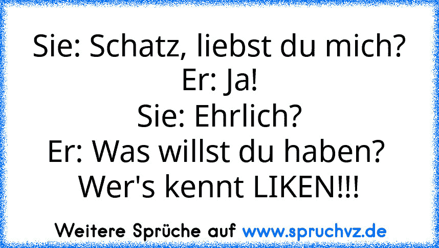 Sie: Schatz, liebst du mich?
Er: Ja!
Sie: Ehrlich?
Er: Was willst du haben? 
Wer's kennt LIKEN!!!