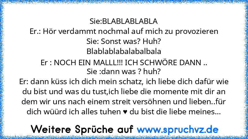 Sie:BLABLABLABLA
Er.: Hör verdammt nochmal auf mich zu provozieren
Sie: Sonst was? Huh?
Blablablabalabalbala
Er : NOCH EIN MALLL!!! ICH SCHWÖRE DANN ..
Sie :dann was ? huh?
Er: dann küss ich dich mein schatz, ich liebe dich dafür wie du bist und was du tust,ich liebe die momente mit dir an dem wir uns nach einem streit versöhnen und lieben..für dich wüürd ich alles tuhen ♥ du bist die liebe mei...