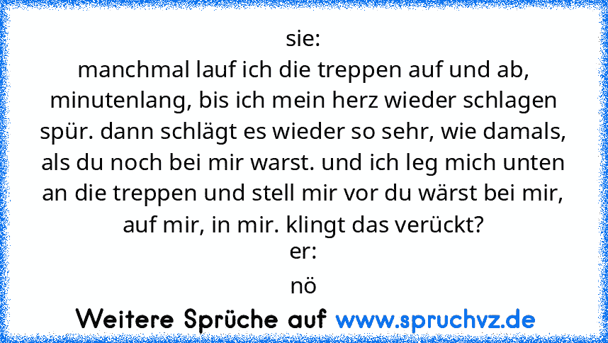 sie:
manchmal lauf ich die treppen auf und ab, minutenlang, bis ich mein herz wieder schlagen spür. dann schlägt es wieder so sehr, wie damals, als du noch bei mir warst. und ich leg mich unten an die treppen und stell mir vor du wärst bei mir, auf mir, in mir. klingt das verückt?
er:
nö