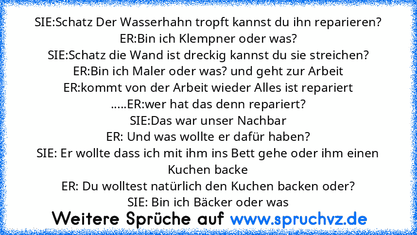 SIE:Schatz Der Wasserhahn tropft kannst du ihn reparieren?
ER:Bin ich Klempner oder was?
SIE:Schatz die Wand ist dreckig kannst du sie streichen?
ER:Bin ich Maler oder was? und geht zur Arbeit
ER:kommt von der Arbeit wieder Alles ist repariert
.....ER:wer hat das denn repariert?
SIE:Das war unser Nachbar
ER: Und was wollte er dafür haben?
SIE: Er wollte dass ich mit ihm ins Bett gehe oder ihm e...