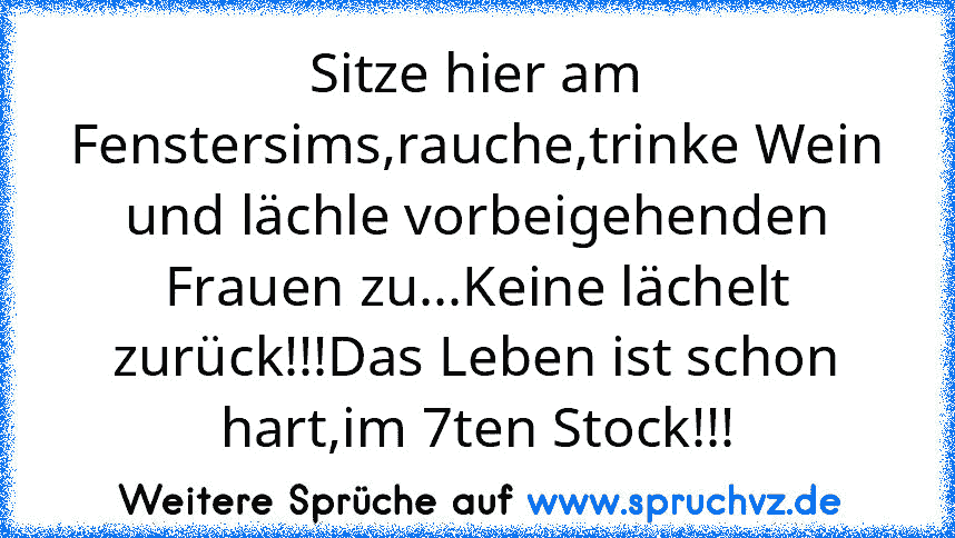 Sitze hier am Fenstersims,rauche,trinke Wein und lächle vorbeigehenden Frauen zu...Keine lächelt zurück!!!Das Leben ist schon hart,im 7ten Stock!!!