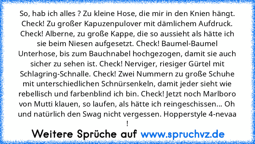 So, hab ich alles ? Zu kleine Hose, die mir in den Knien hängt. Check! Zu großer Kapuzenpulover mit dämlichem Aufdruck. Check! Alberne, zu große Kappe, die so aussieht als hätte ich sie beim Niesen aufgesetzt. Check! Baumel-Baumel Unterhose, bis zum Bauchnabel hochgezogen, damit sie auch sicher zu sehen ist. Check! Nerviger, riesiger Gürtel mit Schlagring-Schnalle. Check! Zwei Nummern zu große ...