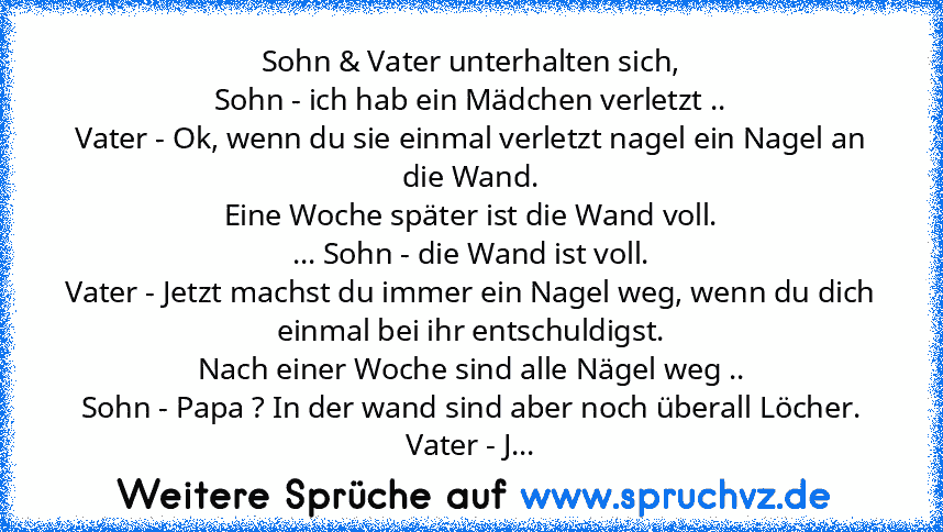 Sohn & Vater unterhalten sich,
Sohn - ich hab ein Mädchen verletzt ..
Vater - Ok, wenn du sie einmal verletzt nagel ein Nagel an die Wand.
Eine Woche später ist die Wand voll.
... Sohn - die Wand ist voll.
Vater - Jetzt machst du immer ein Nagel weg, wenn du dich einmal bei ihr entschuldigst.
Nach einer Woche sind alle Nägel weg ..
Sohn - Papa ? In der wand sind aber noch überall Löcher.
Vater ...