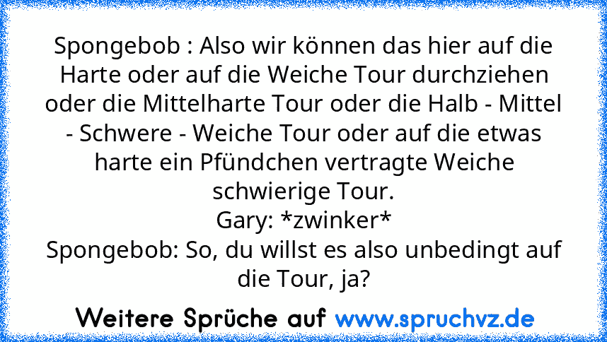 Spongebob : Also wir können das hier auf die Harte oder auf die Weiche Tour durchziehen oder die Mittelharte Tour oder die Halb - Mittel - Schwere - Weiche Tour oder auf die etwas harte﻿ ein Pfündchen vertragte Weiche schwierige Tour.
Gary: *zwinker*
Spongebob: So, du willst es also unbedingt auf die Tour, ja?