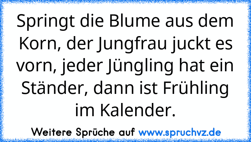 Springt die Blume aus dem Korn, der Jungfrau juckt es vorn, jeder Jüngling hat ein Ständer, dann ist Frühling im Kalender.