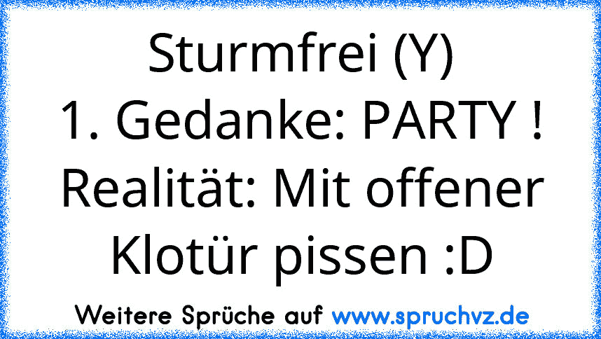 Sturmfrei (Y)
1. Gedanke: PARTY !
Realität: Mit offener Klotür pissen :D