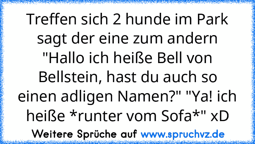 Treffen sich 2 hunde im Park sagt der eine zum andern "Hallo ich heiße Bell von Bellstein, hast du auch so einen adligen Namen?" "Ya! ich heiße *runter vom Sofa*" xD