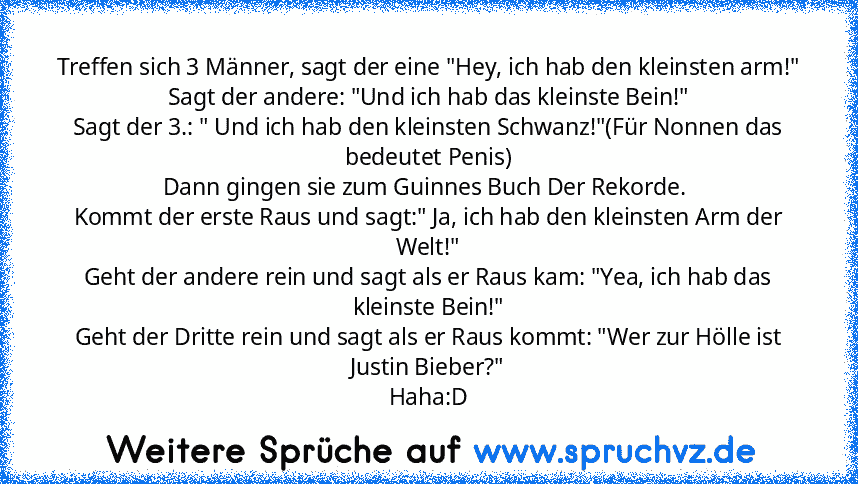 Treffen sich 3 Männer, sagt der eine "Hey, ich hab den kleinsten arm!"
Sagt der andere: "Und ich hab das kleinste Bein!"
Sagt der 3.: " Und ich hab den kleinsten Schwanz!"(Für Nonnen das bedeutet Penis)
Dann gingen sie zum Guinnes Buch Der Rekorde. 
Kommt der erste Raus und sagt:" Ja, ich hab den kleinsten Arm der Welt!"
Geht der andere rein und sagt als er Raus kam: "Yea, ich hab das kleinste ...