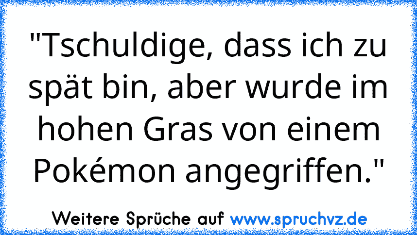 "Tschuldige, dass ich zu spät bin, aber wurde im hohen Gras von einem Pokémon angegriffen."