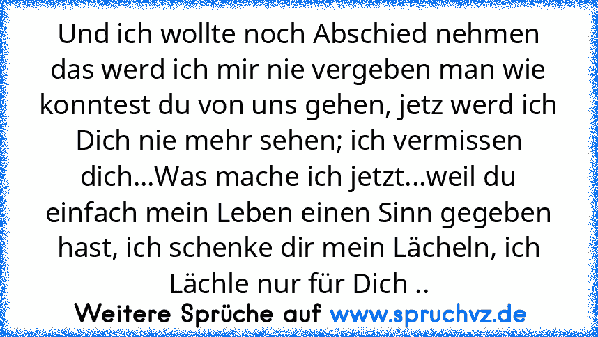 Und ich wollte noch Abschied nehmen das werd ich mir nie vergeben man wie konntest du von uns gehen, jetz werd ich Dich nie mehr sehen; ich vermissen dich...Was mache ich jetzt...weil du einfach mein Leben einen Sinn gegeben hast, ich schenke dir mein Lächeln, ich Lächle nur für Dich ..