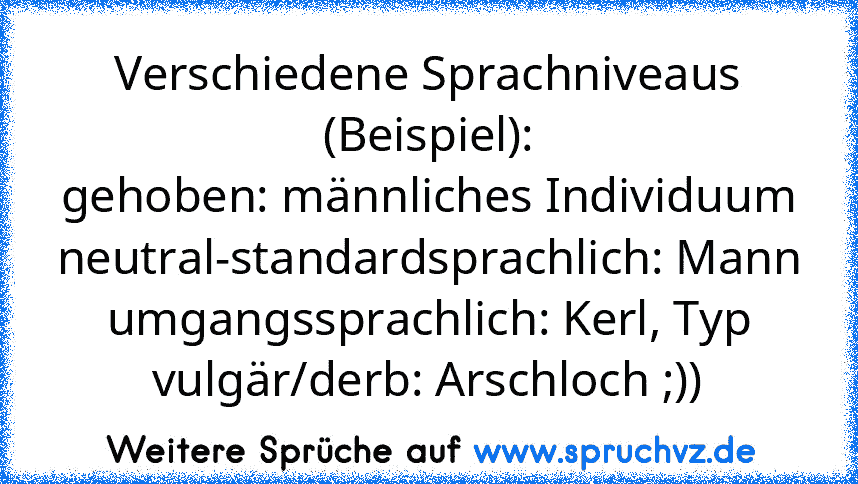 Verschiedene Sprachniveaus (Beispiel):
gehoben: männliches Individuum
neutral-standardsprachlich: Mann
umgangssprachlich: Kerl, Typ
vulgär/derb: Arschloch ;))