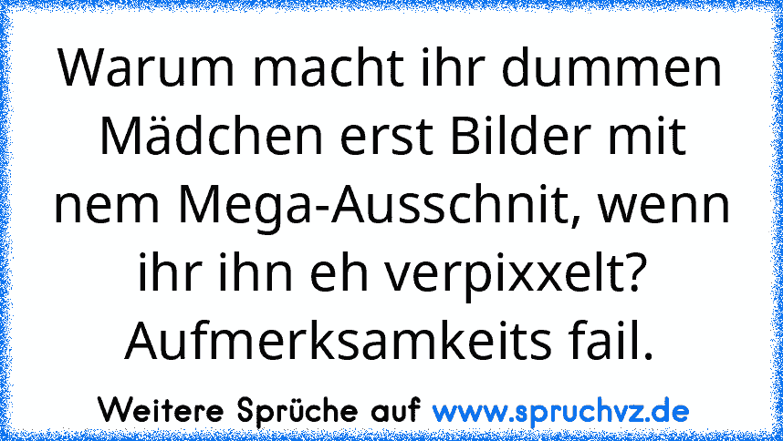 Warum macht ihr dummen Mädchen erst Bilder mit nem Mega-Ausschnit, wenn ihr ihn eh verpixxelt?
Aufmerksamkeits fail.