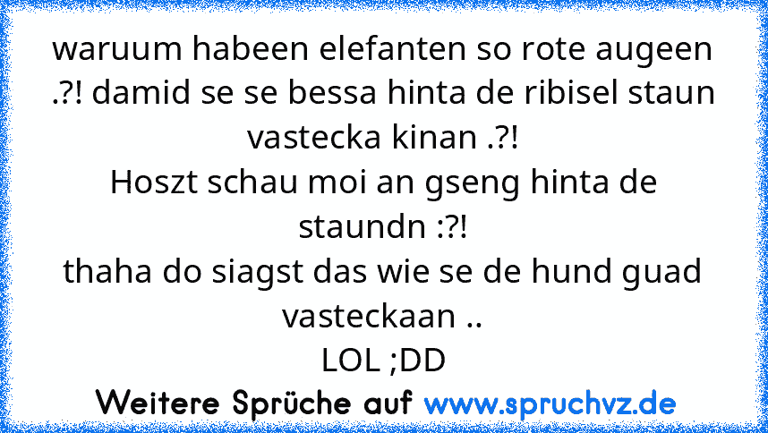 waruum habeen elefanten so rote augeen .?! damid se se bessa hinta de ribisel staun vastecka kinan .?!
Hoszt schau moi an gseng hinta de staundn :?!
thaha do siagst das wie se de hund guad vasteckaan ..
LOL ;DD