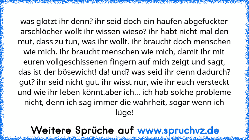 was glotzt ihr denn? ihr seid doch ein haufen abgefuckter arschlöcher wollt ihr wissen wieso? ihr habt nicht mal den mut, dass zu tun, was ihr wollt. ihr braucht doch menschen wie mich. ihr braucht menschen wie mich, damit ihr mit euren vollgeschissenen fingern auf mich zeigt und sagt, das ist der bösewicht! da! und? was seid ihr denn dadurch? gut? ihr seid nicht gut. ihr wisst nur, wie ihr euc...