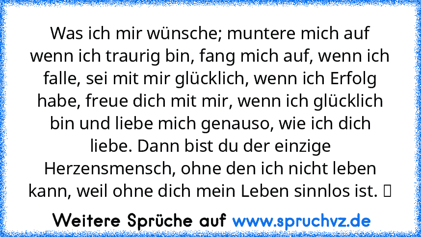 Was ich mir wünsche; muntere mich auf wenn ich traurig bin, fang mich auf, wenn ich falle, sei mit mir glücklich, wenn ich Erfolg habe, freue dich mit mir, wenn ich glücklich bin und liebe mich genauso, wie ich dich liebe. Dann bist du der einzige Herzensmensch, ohne den ich nicht leben kann, weil ohne dich mein Leben sinnlos ist. ☆