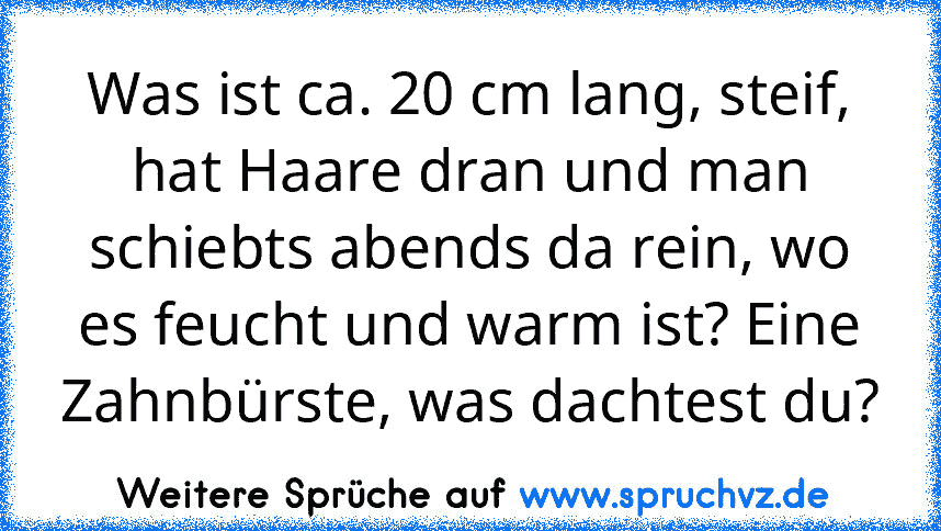 Was ist ca. 20 cm lang, steif, hat Haare dran und man schiebts abends da rein, wo es feucht und warm ist? Eine Zahnbürste, was dachtest du?