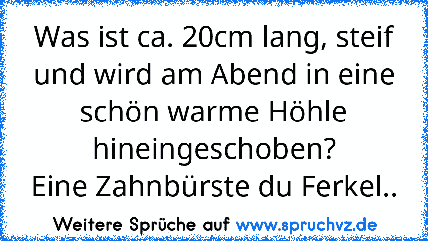 Was ist ca. 20cm lang, steif und wird am Abend in eine schön warme Höhle hineingeschoben?
Eine Zahnbürste du Ferkel..