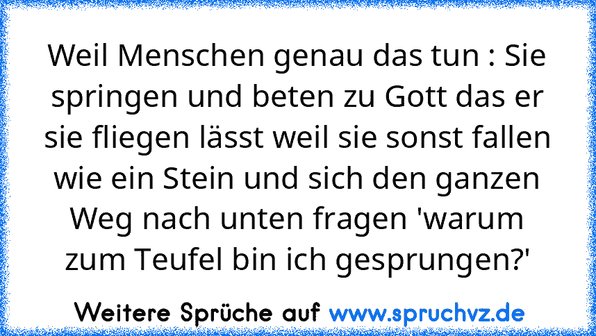 Weil Menschen genau das tun : Sie springen und beten zu Gott das er sie fliegen lässt weil sie sonst fallen wie ein Stein und sich den ganzen Weg nach unten fragen 'warum zum Teufel bin ich gesprungen?'