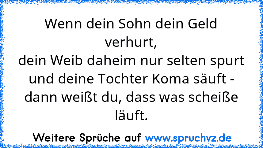 Wenn dein Sohn dein Geld verhurt,
dein Weib daheim nur selten spurt
und deine Tochter Koma säuft -
dann weißt du, dass was scheiße läuft.