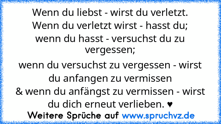 Wenn du liebst - wirst du verletzt.
Wenn du verletzt wirst - hasst du;
wenn du hasst - versuchst du zu vergessen;
wenn du versuchst zu vergessen - wirst du anfangen zu vermissen
& wenn du anfängst zu vermissen - wirst du dich erneut verlieben. ♥