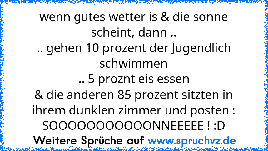 wenn gutes wetter is & die sonne scheint, dann ..
.. gehen 10 prozent der Jugendlich schwimmen
.. 5 proznt eis essen
& die anderen 85 prozent sitzten in ihrem dunklen zimmer und posten : SOOOOOOOOOOONNEEEEE ! :D