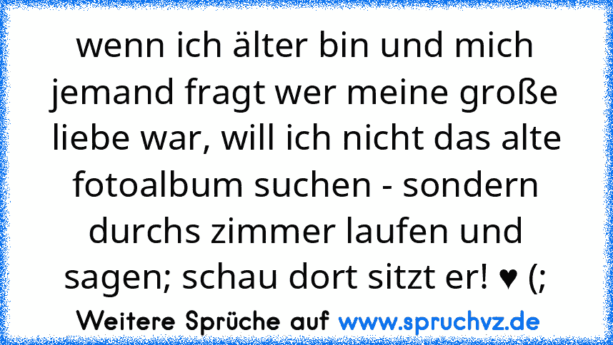 wenn ich älter bin und mich jemand fragt wer meine große liebe war, will ich nicht das alte fotoalbum suchen - sondern durchs zimmer laufen und sagen; schau dort sitzt er! ♥ (;