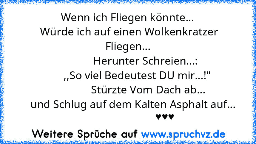 Wenn ich Fliegen könnte...
 Würde ich auf einen Wolkenkratzer Fliegen...
             Herunter Schreien...:
       ,,So viel Bedeutest DU mir...!"
               Stürzte Vom Dach ab...
    und Schlug auf dem Kalten Asphalt auf...
                           ♥♥♥