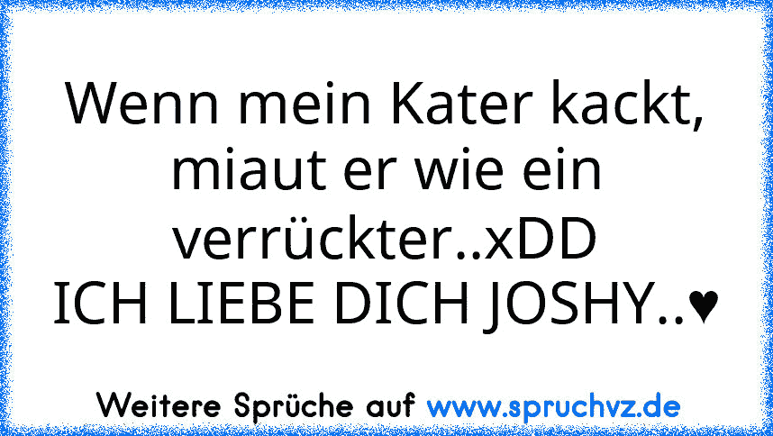 Wenn mein Kater kackt, miaut er wie ein verrückter..xDD
ICH LIEBE DICH JOSHY..♥