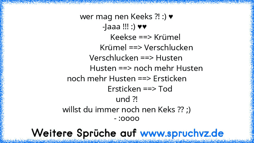 wer mag nen Keeks ?! :) ♥
-Jaaa !!! :) ♥♥  
                  Keekse ==> Krümel
                   Krümel ==> Verschlucken
         Verschlucken ==> Husten
                   Husten ==> noch mehr Husten
noch mehr Husten ==> Ersticken
              Ersticken ==> Tod 
und ?!
willst du immer noch nen Keks ?? ;)
- :oooo