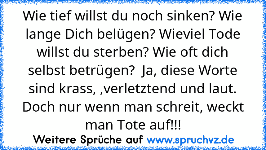 Wie tief willst du noch sinken? Wie lange Dich belügen? Wieviel Tode willst du sterben? Wie oft dich selbst betrügen?  Ja, diese Worte sind krass, ,verletztend und laut. Doch nur wenn man schreit, weckt man Tote auf!!!