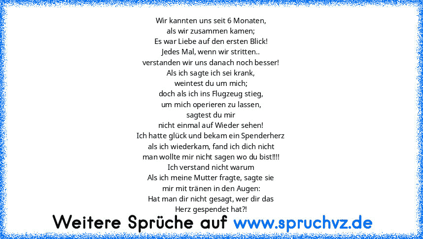 Wir kannten uns seit 6 Monaten,
als wir zusammen kamen;
Es war Liebe auf den ersten Blick!
Jedes Mal, wenn wir stritten..
verstanden wir uns danach noch besser!
Als ich sagte ich sei krank,
weintest du um mich;
doch als ich ins Flugzeug stieg,
um mich operieren zu lassen,
sagtest du mir
nicht einmal auf Wieder sehen!
Ich hatte glück und bekam ein Spenderherz
als ich wiederkam, fand ich dich nic...